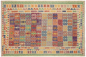 Flat Weave Kilim, Antique, Navaho, Vintage, Handmade, Geometric Kilim Blue Beige Hand-Woven Rectangle 100% Wool Area Rug 8 x 11